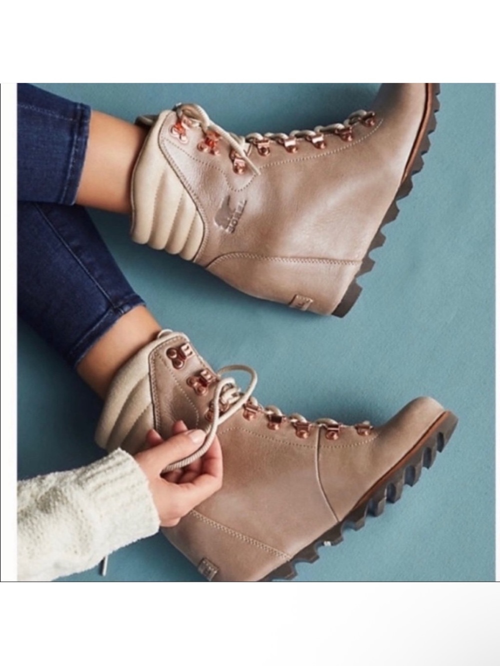 Sorel Taupe Lace-Up Hiking Ankle Boots with Rose-Gold Eyelets